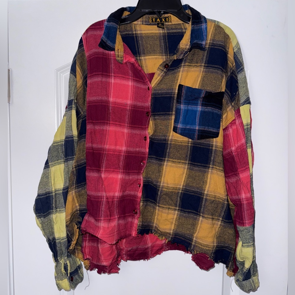 Taxi Vintage Grunge 80s Plaid button up flannel pink, yellow, blue EUC